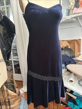 Karl Lagerfeld Navy Velvet Slip Dress with Lace Detail